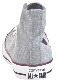 Baskets montantes grises Converse All Star vues de dos, montrant la texture du tissu et la semelle blanche en caoutchouc à logo.