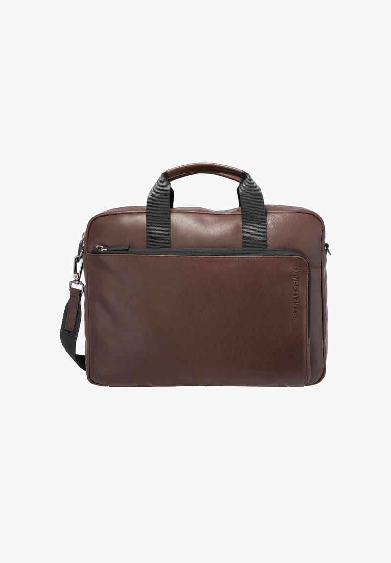 Sac d'ordinateur portable en cuir marron avec une finition texturée, doté de deux poignées, d'une bandoulière amovible et d'une poche avant zippée.
