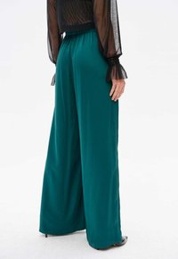 Spodnie o szerokich nogawkach w szmaragdowozielonym materiale, z gładką teksturą i elastycznym pasem. Połączone z przejrzystą czarną bluzką z długim rękawem.