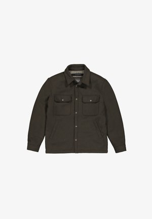 Dunkelgrüne Außenjacke aus weichem Stoff, mit Kragen, Knopfverschluss, zwei Brusttaschen und seitlichen Taschen.