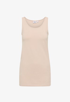 Beige ærmeløs tanktop lavet af blødt stof, med en rund halsudskæring og en lige kant. Mærket siger "CECIL."