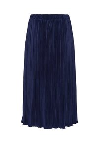 Jupe plissée navy avec une taille élastique. Présente des plis verticaux et un ourlet fluide, fabriquée à partir d'un tissu lisse et texturé.