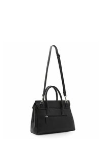 Schwarze Lederhandtasche mit strukturiertem Finish, doppelten Griffen, abnehmbaren Schultergurt, vorderer Reißverschluss-Tasche und klarer Silhouette.