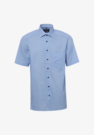 Camicia azzurra chiaro a maniche corte con piccolo motivo geometrico scuro e taschino sul petto, vestibilità regolare e colletto appuntito.