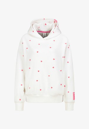 Weißer Hoodie mit einem Muster aus kleinen rosa Herzen. Er verfügt über eine Fronttasche und gerippte Bündchen, mit einem pinkfarbenen Etikett an der unteren Seite.