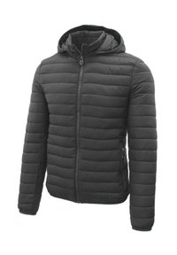 Giacca a vento nera con cappuccio, caratterizzata da un design trapuntato, chiusura frontale con zip, tasche laterali e polsini a coste. Tessuto liscio.