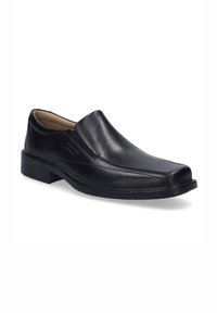 Černá kožená slip-on obuv se čtveratým špičkou, hladkým povrchem, minimálním prošíváním a nízkým podpatkem pro snadné nazouvání a pohodlí.