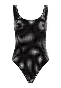 Black swimsuit with a scoop neckline and high-cut legs, adorned with silver studs covering the fabric in a textured pattern.