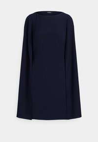 Tumši zila kleita ar gariem piedurknēm un apaļu kakla izgriezumu. Gluda auduma ar vienkāršu, elegantu dizainu. Šķēlumi sānos pie apakšmalas.