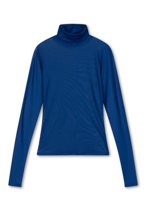 Blauw lang mouw turtleneck shirt gemaakt van een gladde, lichte stof met een aansluitend ontwerp en een hoge kraag. Transparante textuur.