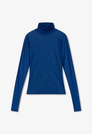 Blauw lang mouw turtleneck shirt gemaakt van een gladde, lichte stof met een aansluitend ontwerp en een hoge kraag. Transparante textuur.