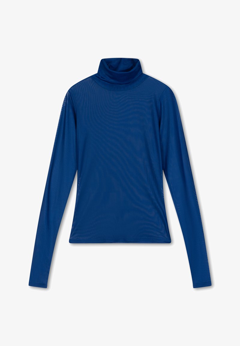 Blauw lang mouw turtleneck shirt gemaakt van een gladde, lichte stof met een aansluitend ontwerp en een hoge kraag. Transparante textuur.