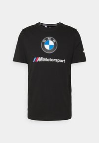 Camiseta negra de manga corta con el emblema de BMW y el logo "M Motorsport" en azul, rojo y blanco centrado en la parte frontal.