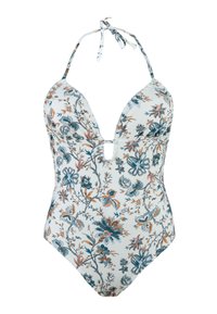 Costume da bagno intero con stampa floreale, caratterizzato da un profondo scollo a V, spalline regolabili a halter e un accento a oblò sul petto.