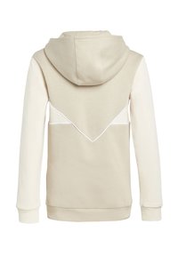 Beige huvtröja med en vit sned design på baksidan, med huva och ribbade ärmslut. Mjuk tyg med en slät yta.