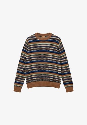 Pletený sveter s okrúhlym výstrihom, hnedým ribbed lemom a multicolorným vzorom z cik-cak a pruhov v modrých, béžových a zelených odtieňoch.