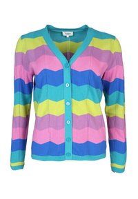 Mehrfarbiger Cardigan mit wellenförmigem Design in Grün, Pink, Blau und Lila. Mit V-Ausschnitt, Knopfverschluss sowie gerippten Bündchen und Saum.