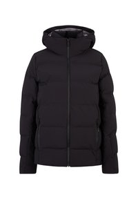 Schwarze Daunenjacke mit Reißverschluss vorne, Kapuze und Seitentaschen. Verfügt über ein gestepptes Design und besteht aus glattem, isoliertem Material für Wärme.