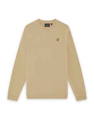 Beige crew neck sweatshirt with long sleeves and small yellow bird logo on the left chest.