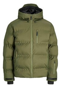 Chaqueta de plumas verde oliva con cierre de cremallera en la parte delantera, dos bolsillos laterales, puños elásticos y capucha con cordón; presenta un patrón acolchado horizontal.