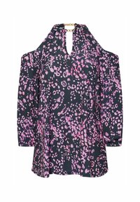 Blusa a spalle scoperte in tessuto blu scuro con stampa astratta di leopardo nei toni del rosa e viola, caratterizzata da un scollo a chiave e dettagli in catena dorata.
