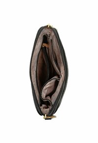 Černá kožená peněženka se zlatými prvky, která má více přihrádek a vzorované béžové podšívání. Zapínání na zip a strukturovaný povrch.