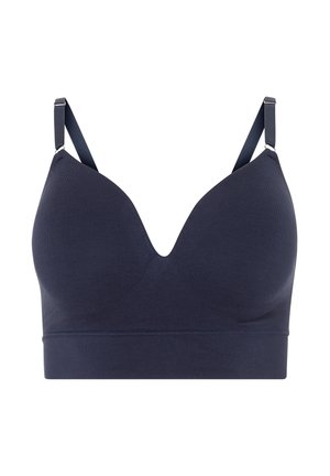 Reggiseno blu navy senza cuciture con coppe sagomate, spalline regolabili e fascia sottoseno larga per supporto e comfort.