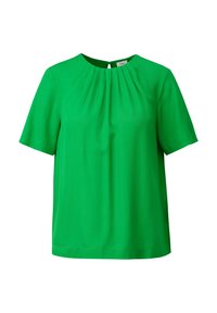 Chemisier vert vif à manches courtes avec encolure ronde, plis sur le devant et petite fermeture pression au dos.