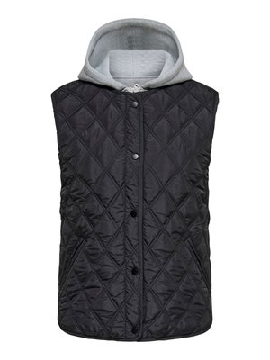 Black quilted sleeveless vest with snap buttons and attached light gray hooded sweatshirt layer.
