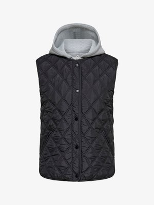 Black quilted sleeveless vest with snap buttons and attached light gray hooded sweatshirt layer.
