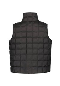 Zwarte puffer vest met een hoge kraag, gestikte ontwerp en een soepele textuur. Achteraanzicht toont horizontale en verticale stiksels.