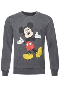 Šedá mikina s velkým potiskem myšky Mickey v černé, červené a žluté barvě. Ribbené manžety a lem, kulatý výstřih.