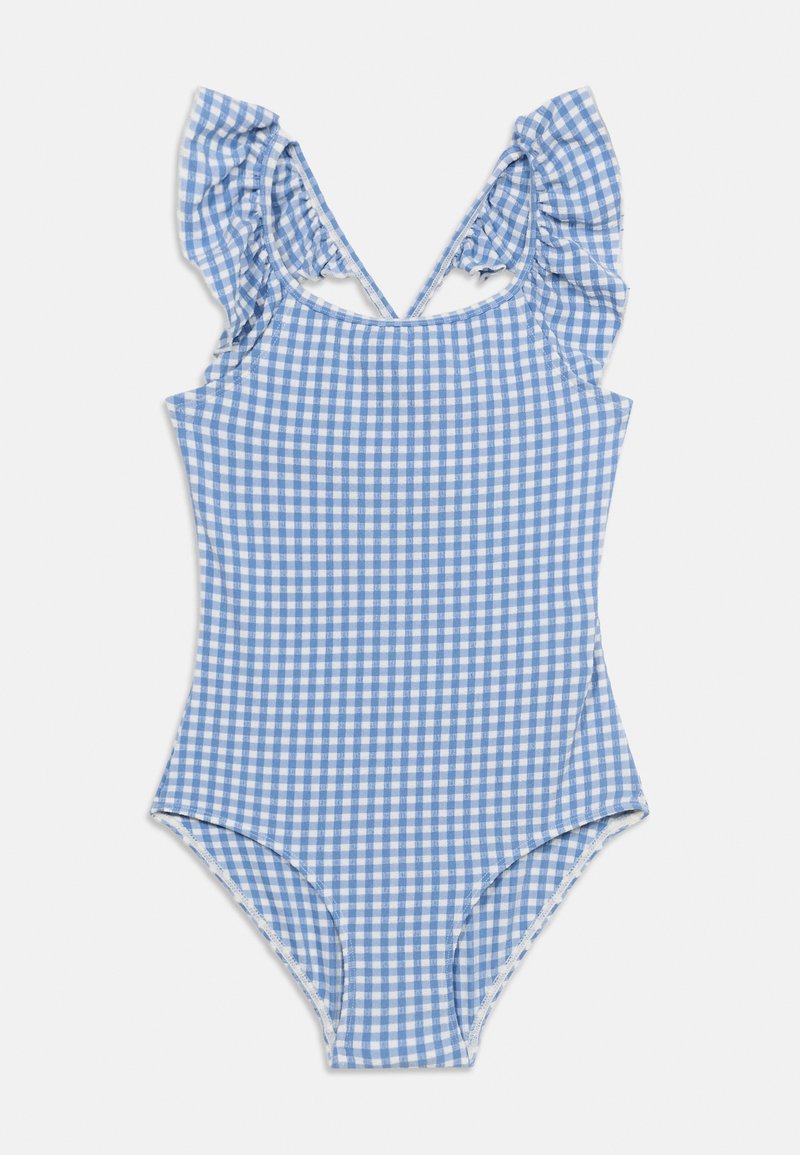 Ολόσωμο μαγιό σε μπλε και άσπρο σχέδιο gingham με ραμμένη βολάν στους ιμάντες των ώμων και σχεδιασμό με V στην πλάτη.
