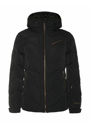 Zwart gewatteerd jack met hoge kraag, centrale rits en zijzakken. Beschikt over gouden logo-details en een modern, gestructureerd ontwerp.