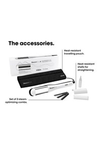 Les accessoires SteamPod comprennent un lisseur à vapeur blanc, une pochette noire résistante à la chaleur, trois peignes noirs, deux coques blanches résistantes à la chaleur et un flacon.