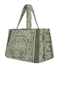 Zielona torba materiałowa z białymi wzorami paisley i kwiatowymi, dwoma mocnymi uchwytami oraz przestrzennym prostokątnym kształtem.