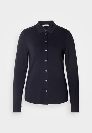 Marineblå langermet skjorte med knapper og klassisk krage, laget av myk fabric og med seks frontknapper. Har figursydde mansjetter og glatt tekstur.