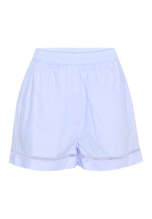 Shorts bleu clair en coton avec une taille élastique, présentant un ourlet passepoilé et des détails subtils en bas.