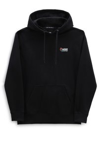 Sudadera con capucha negra de tela suave, con bolsillo frontal, capucha ajustable con cordón y un pequeño logo bordado con diseño de rosa.