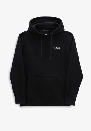 Sudadera con capucha negra de tela suave, con bolsillo frontal, capucha ajustable con cordón y un pequeño logo bordado con diseño de rosa.