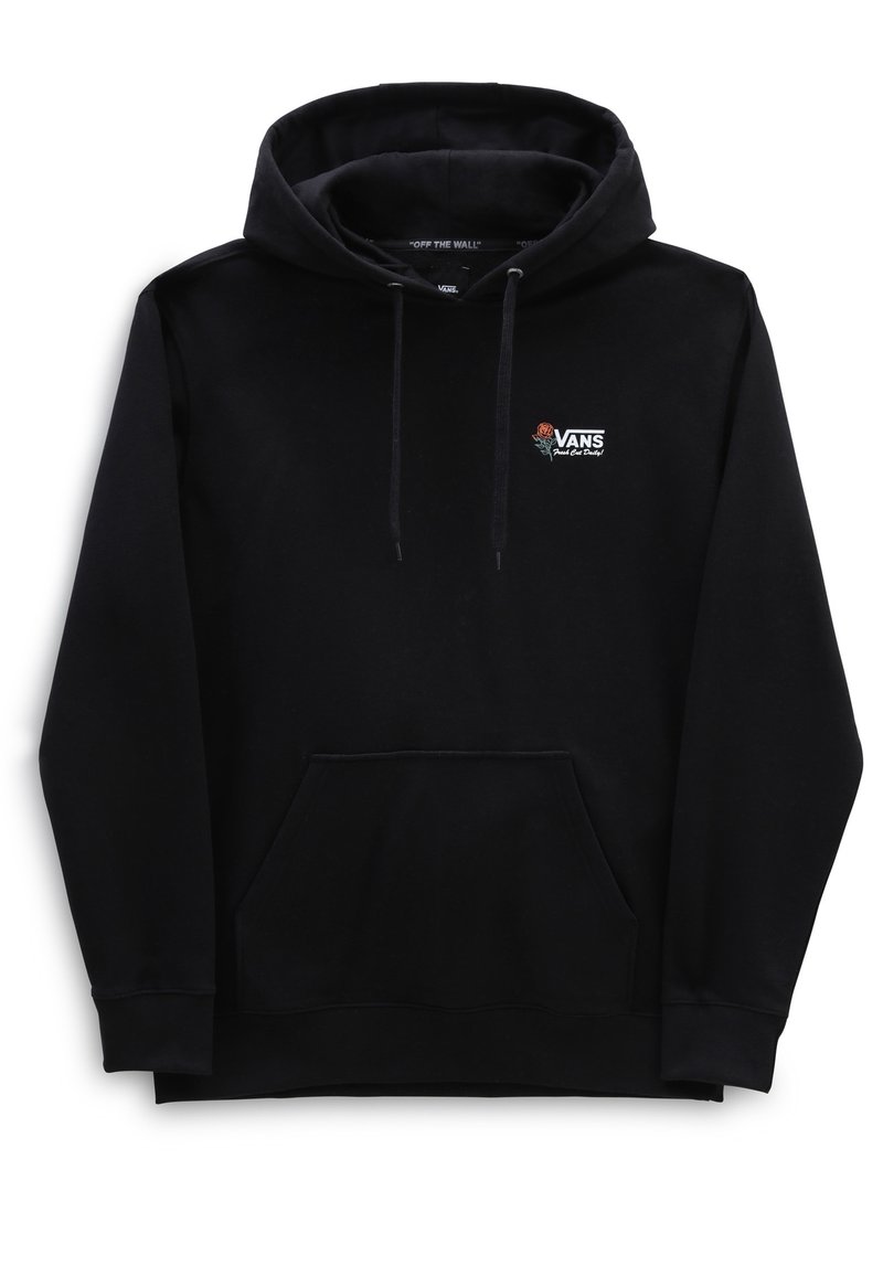 Sudadera con capucha negra de tela suave, con bolsillo frontal, capucha ajustable con cordón y un pequeño logo bordado con diseño de rosa.