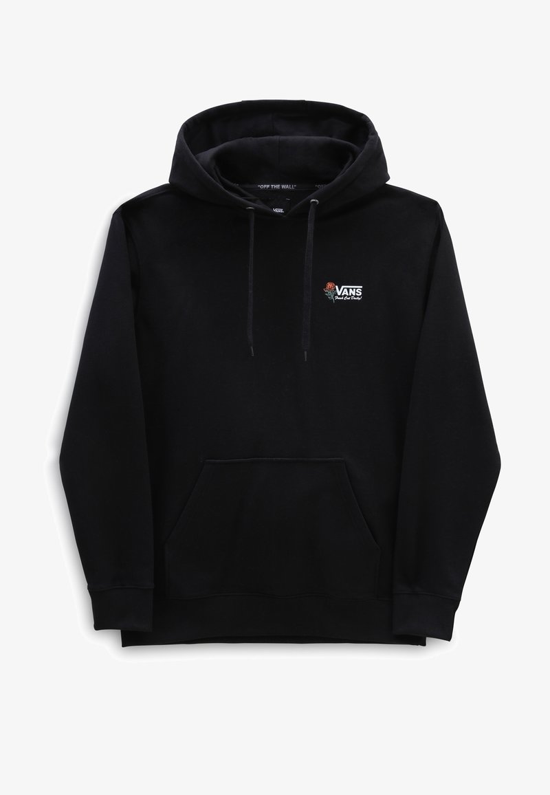 Sudadera con capucha negra de tela suave, con bolsillo frontal, capucha ajustable con cordón y un pequeño logo bordado con diseño de rosa.