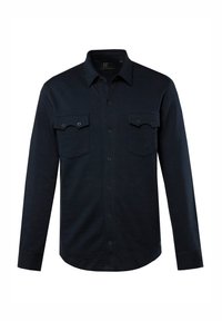 Camicia a maniche lunghe di colore blu navy realizzata in tessuto testurizzato, con due tasche sul petto, chiusura a bottoni e colletto classico.