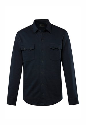 Langärmliges, marineblaues Hemd aus strukturiertem Stoff mit zwei Brusttaschen, Knopfschluss und klassischem Kragen.