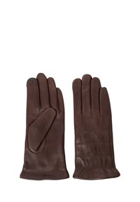 Guantes de cuero marrón con una textura suave, que presentan un diseño recto y costuras en los dedos. Los detalles incluyen costuras en la muñeca.