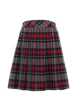 Jupe plissée avec motif à carreaux rouge, noir et gris, dotée d'une large ceinture et de petits boutons en forme de cœur à l'avant.