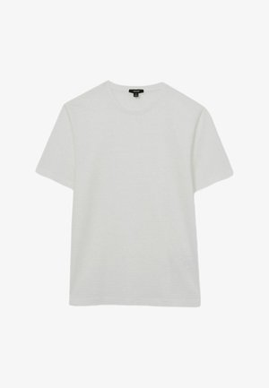 Biela tričko s krátkym rukávom vyrobené z mäkkej rebrovanej tkaniny. Disponuje klasickým okrúhlym výstrihom a pohodlným voľným strihom s rovnou spodnou časťou.