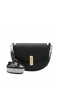 Bolso bandolera de cuero negro con acabado texturizado, herrajes dorados y una correa desmontable con un patrón de zigzag en blanco y negro.