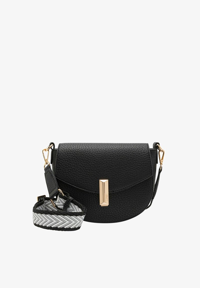 Borsa a tracolla nera in pelle con finitura testurizzata, hardware dorato e una tracolla rimovibile con motivo zigzag in bianco e nero.