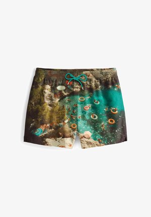 Zwemshorts met een levendig waterlandschap in tinten teal en bruin. Inclusief een contrasterende turquoise trekkoord en rekbare stof.